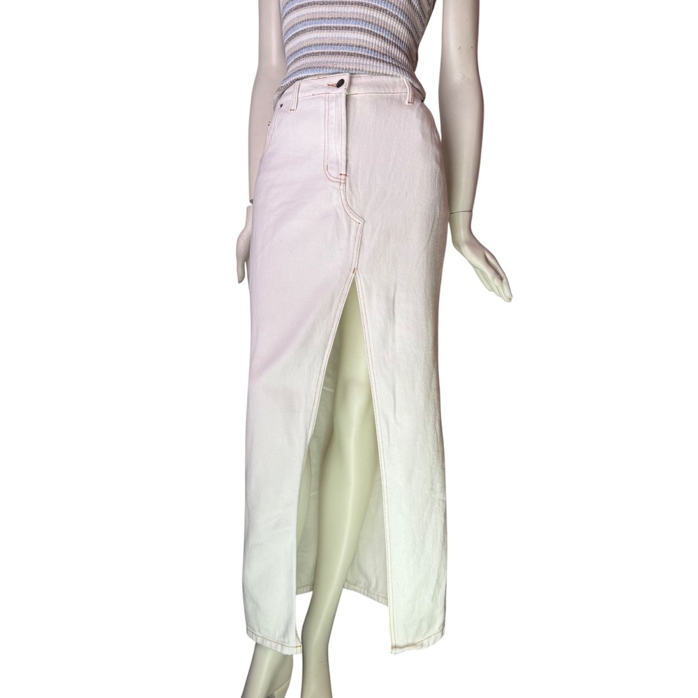Lioness Denim Maxi Skirt High Front Slit White Contrast Stitch Coastal Boho M